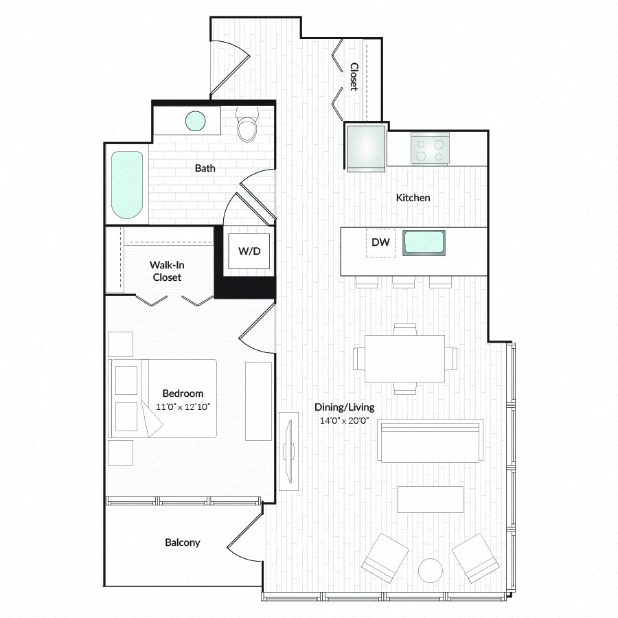 Floor plan for 1 bed, 1 bath, 806 sqft